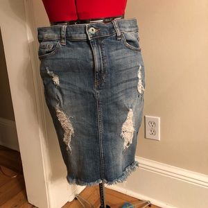 Distressed denim skirt
